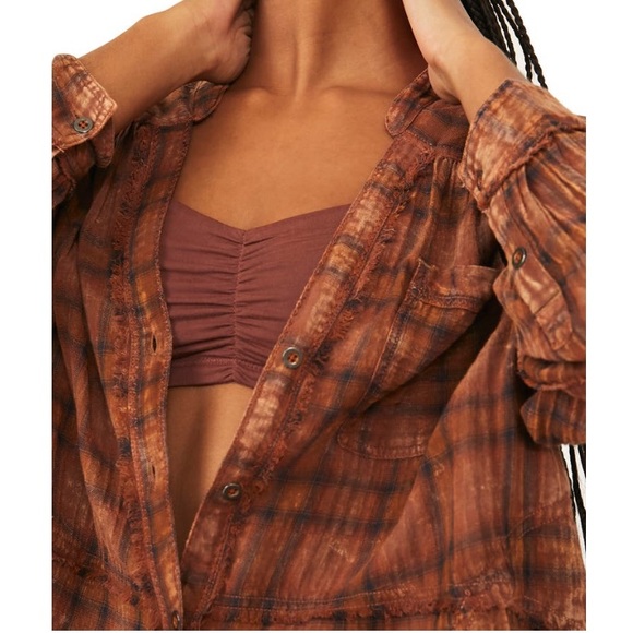 Free People One Of The Boys Oversized Plaid Tunic Shirt NWT Size S Brown Combo - Picture 3 of 6